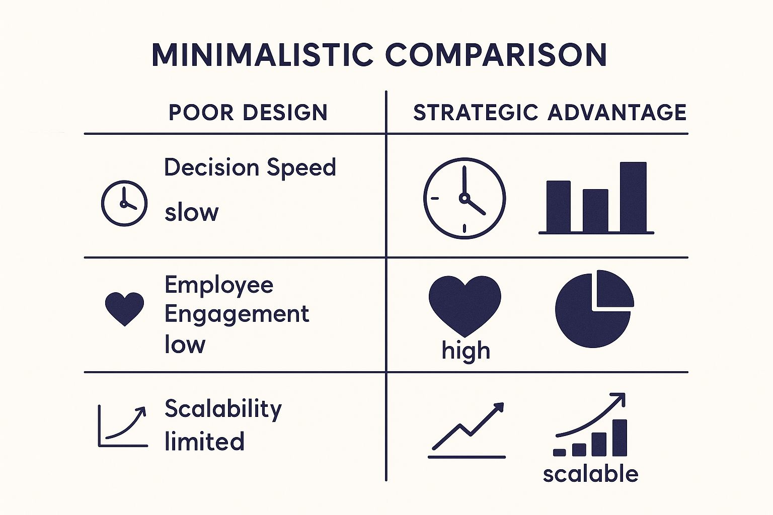 Infographic showing the contrast between poor organizational design and strategic design in terms of decision speed, employee engagement, and scalability.