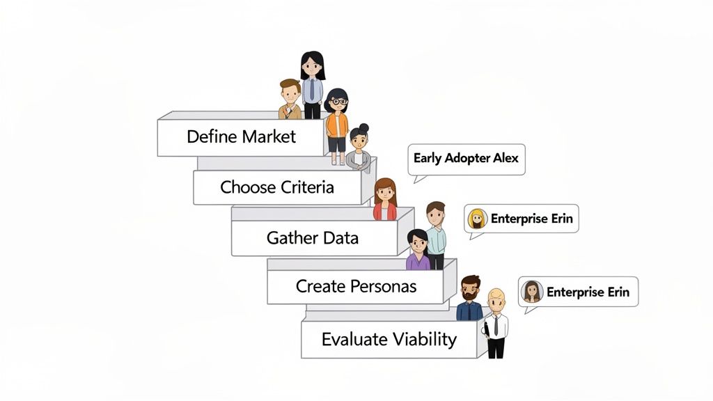 Diagram illustrating a five-step market segmentation process, featuring diverse cartoon customer personas.
