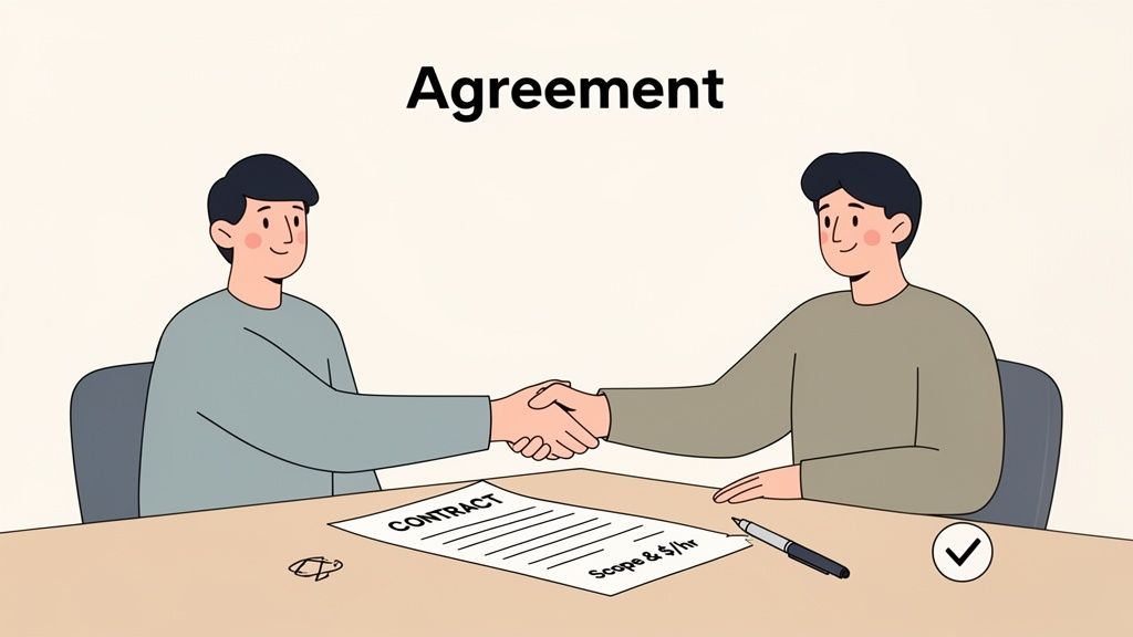 Two animated men shaking hands over a contract detailing scope and hourly rates, symbolizing an agreement.