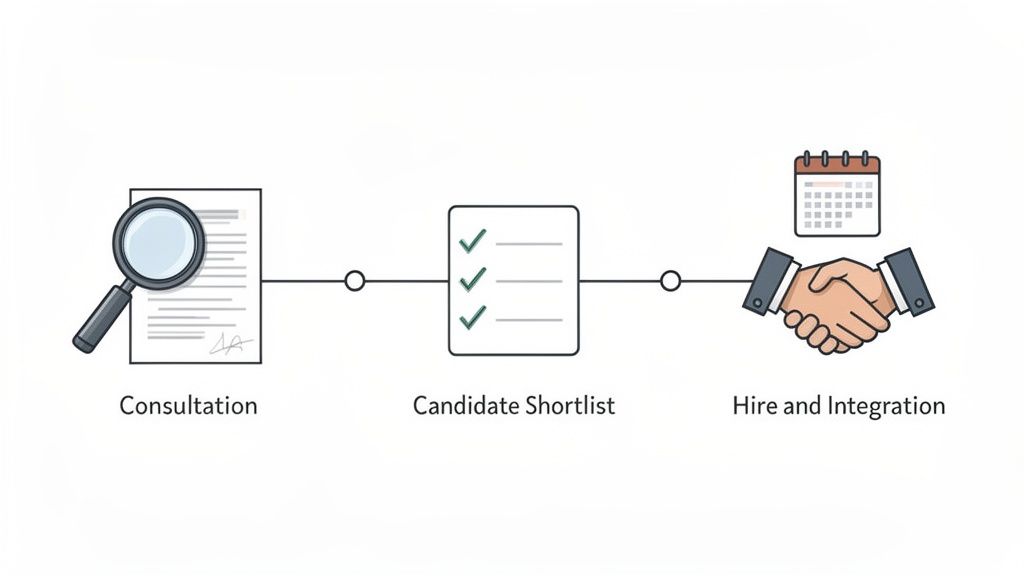 A three-step recruitment process showing consultation, candidate shortlisting, and hiring with integration.