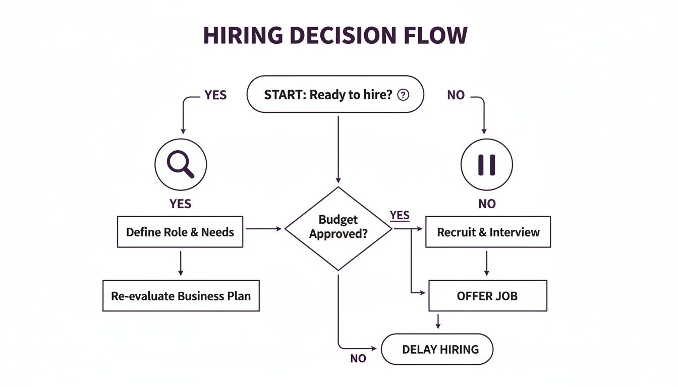 Flowchart illustrating the hiring decision process, from readiness to budget approval and job offering.