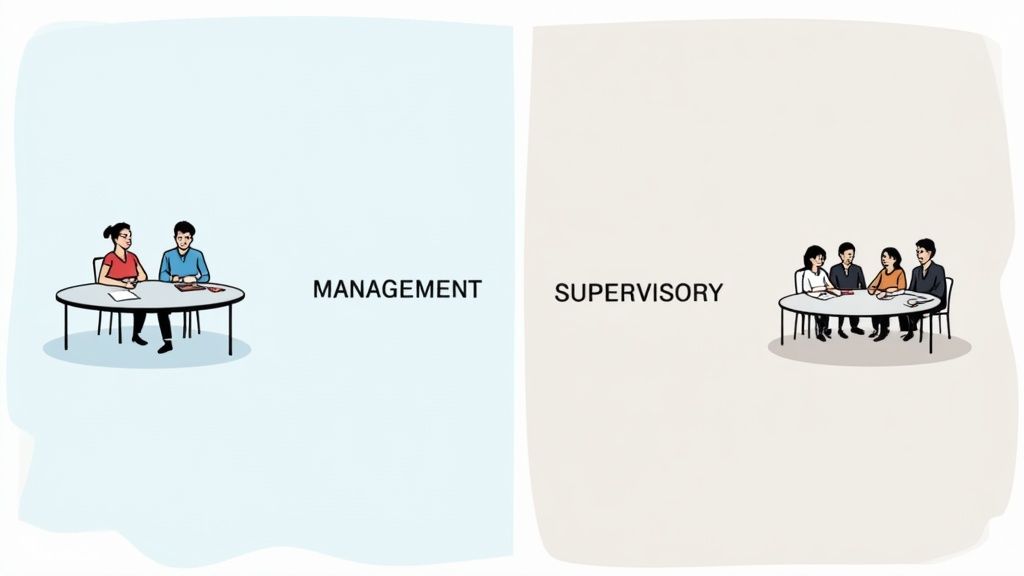 A split-screen image showing a unified team on one side (Unitary Board) and two separate teams on the other (Two-Tier Board), representing different board structures.