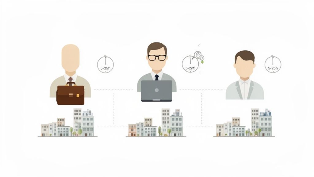 Illustration of three business professionals, one with a laptop, connected to city buildings and time indicators.