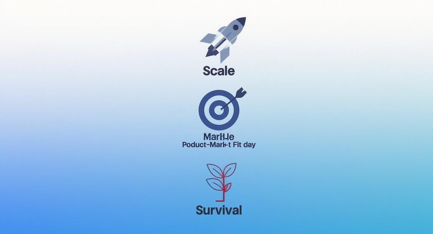 Infographic showing the business journey from survival, to product-market fit, to scaling with a rocket icon.