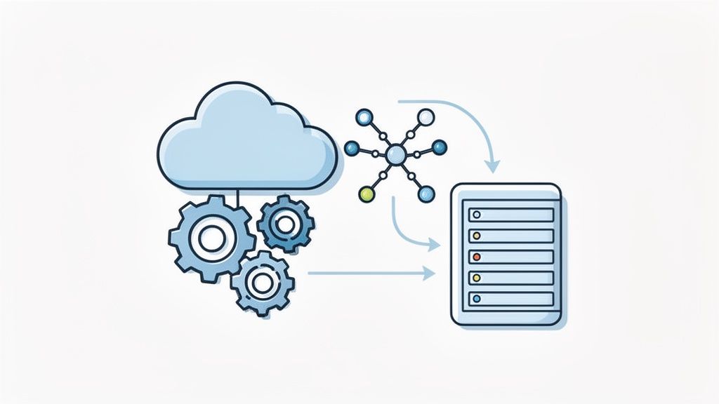 An illustration showing cloud computing, data processing with gears, and information flowing to a server rack.
