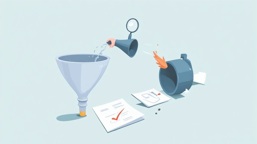 Illustration of a business process funnel, with input from a megaphone and resulting in analyzed documents.