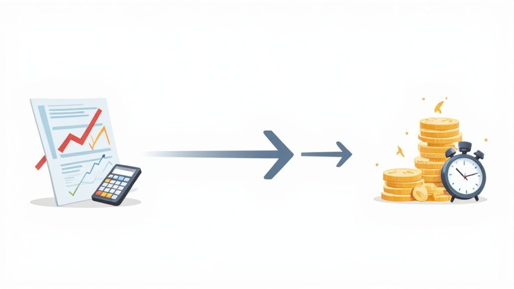 A document with financial charts and a calculator leading to stacks of coins and an alarm clock, symbolizing financial growth.