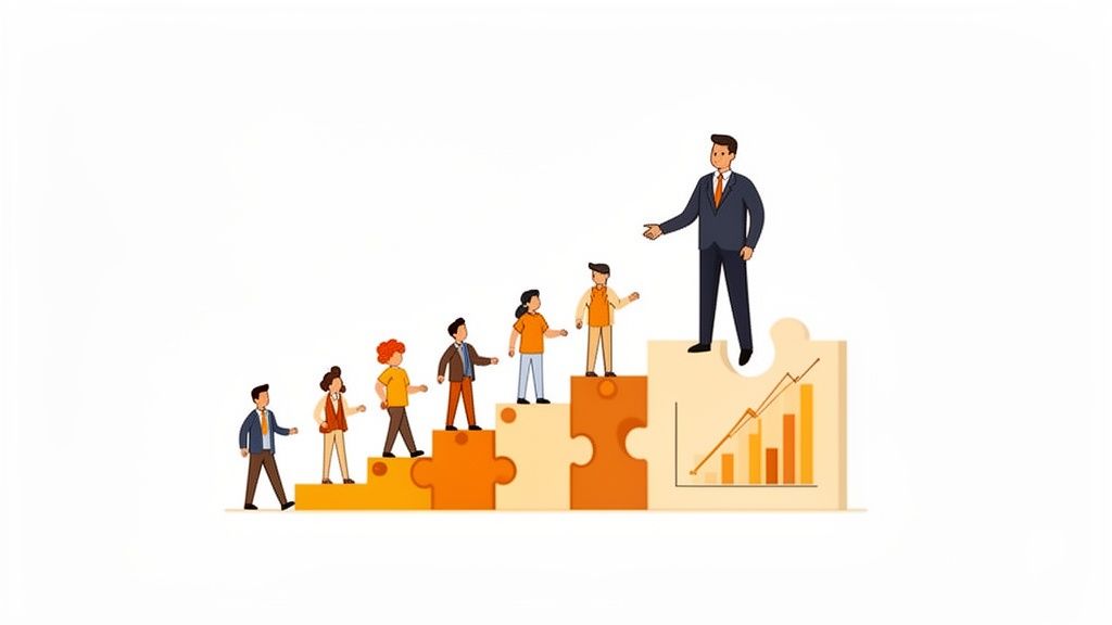 A diverse team of people ascending a staircase of puzzle pieces towards a leader with a growth graph.