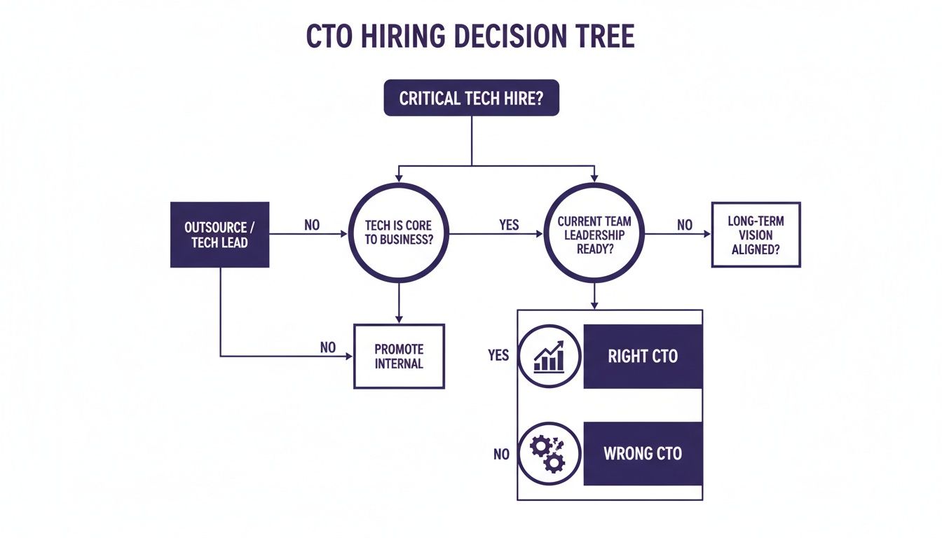 A CTO hiring decision tree flowchart guiding through critical questions like tech's core business role and leadership readiness.