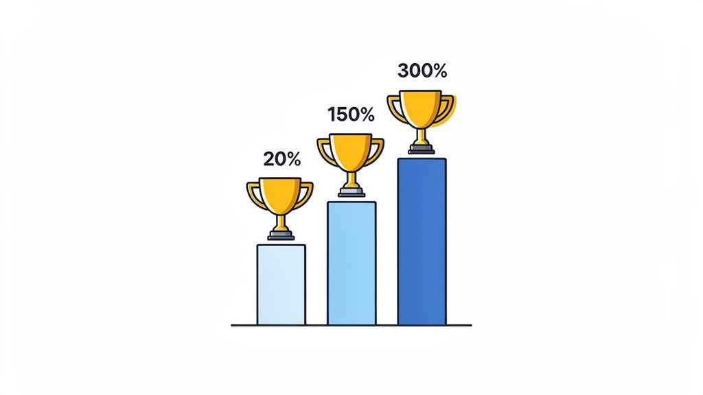 A bar chart with three trophies on top of increasing bars labeled 20%, 150%, and 300%, illustrating growth.