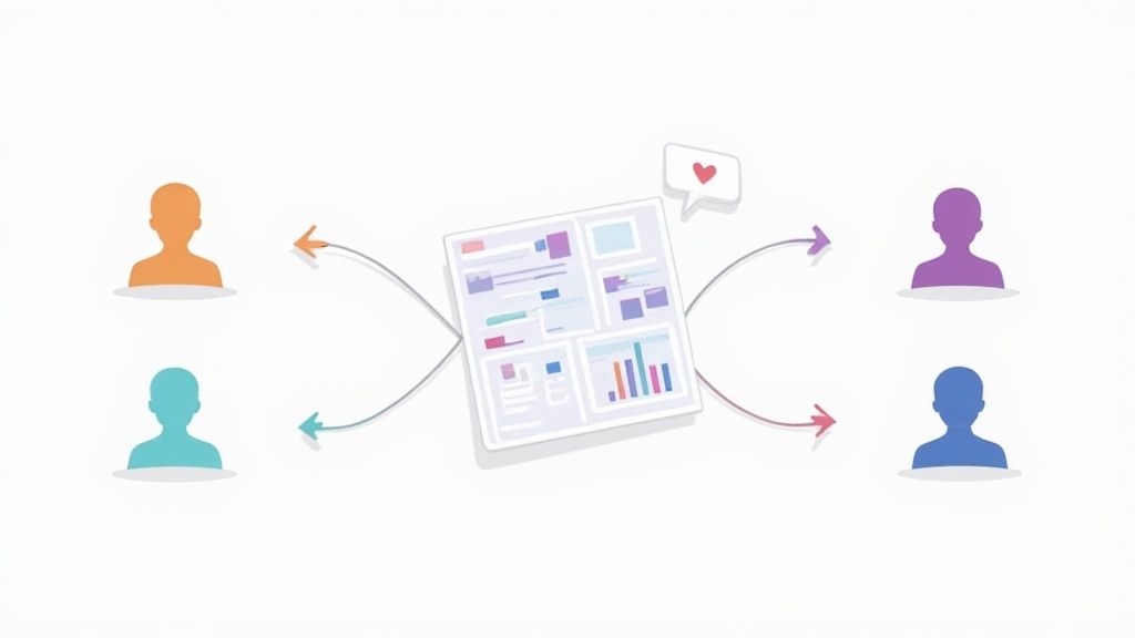 A group of diverse users providing feedback on a digital product, illustrating customer-centric design.