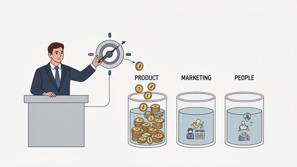 A man at a podium allocates resources using a dial, distributing them into product, marketing, and people categories.