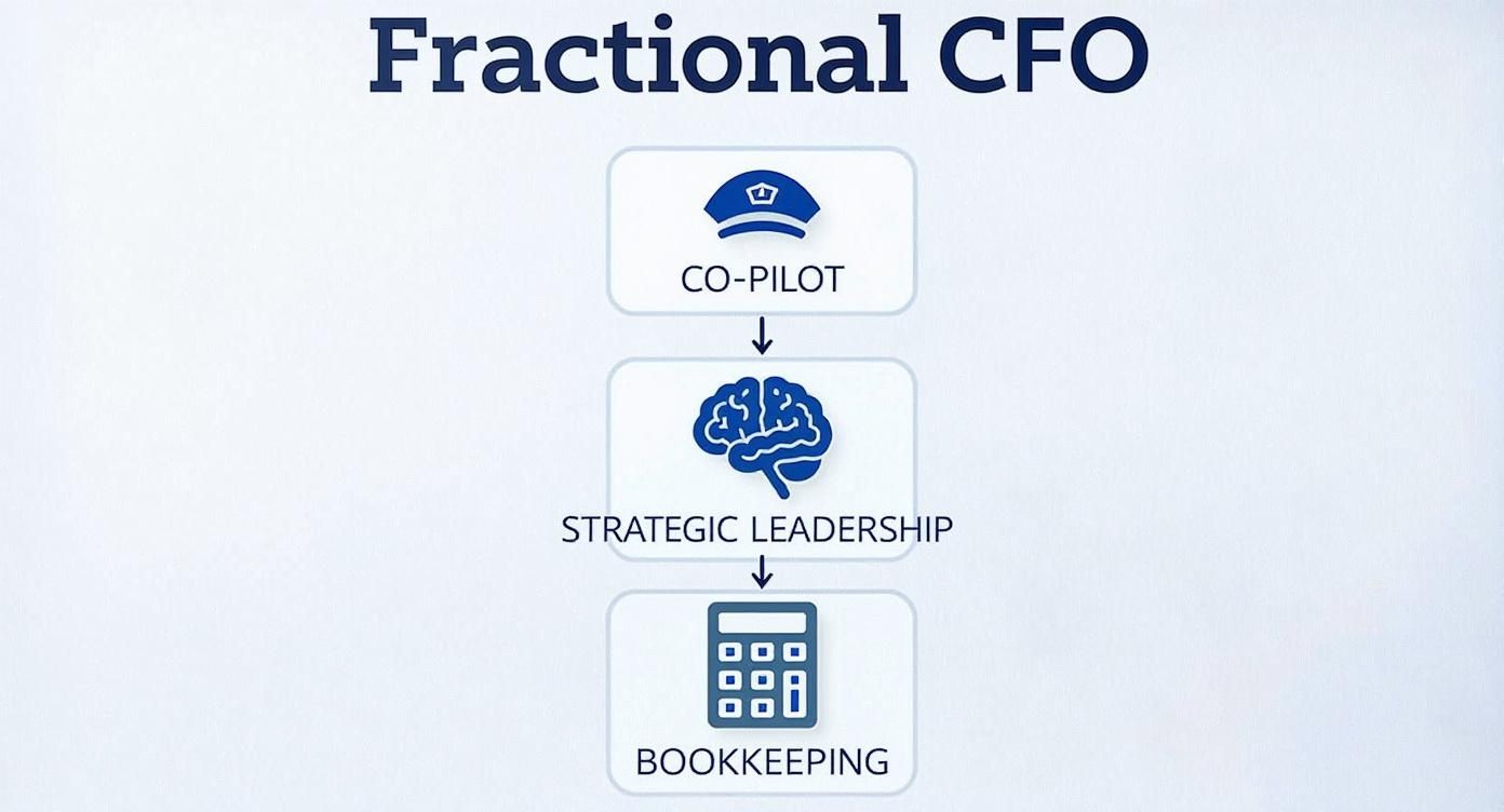 A diagram illustrating the services of a Fractional CFO, showing co-pilot, strategic leadership, and bookkeeping.