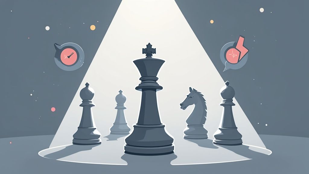 Chess pieces, including a king, bishop, and knight, under a spotlight with abstract icons.