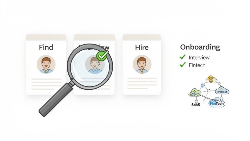 Illustration of a recruitment process (Find, Interview, Hire) leading to onboarding with FinTech.