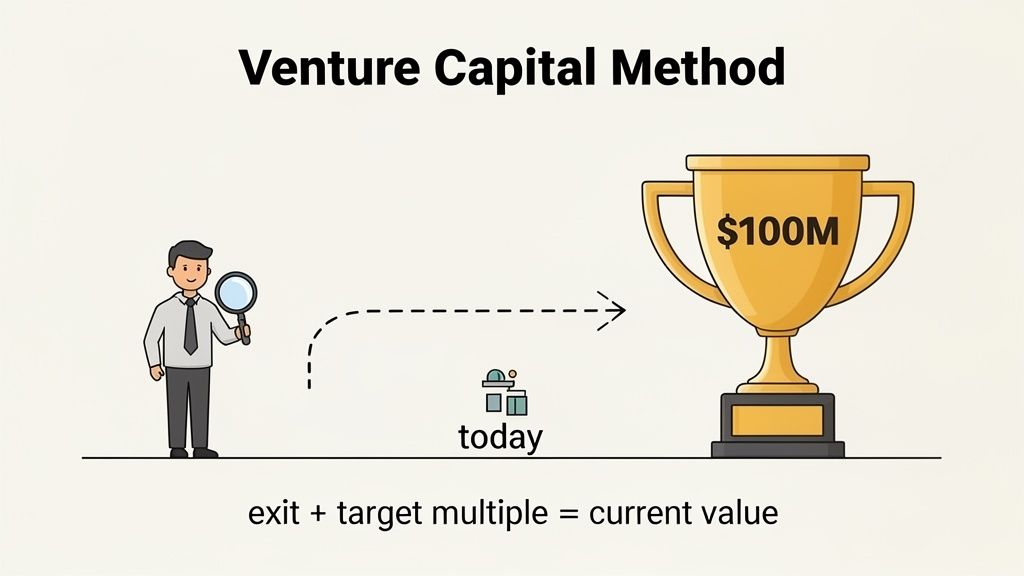 A diagram illustrates the Venture Capital Method, showing a person analyzing a path from today to a $100M exit trophy.