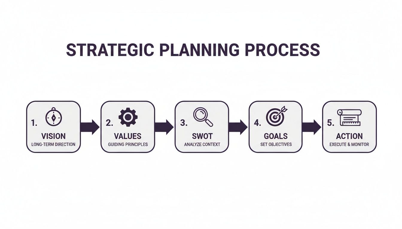 A strategic planning process flowchart outlining five steps: Vision, Values, SWOT, Goals, and Action.