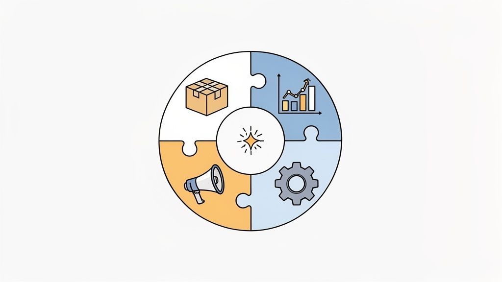 A circular puzzle with four business process icons (shipping, analytics, marketing, operations) around a central sparkling star.