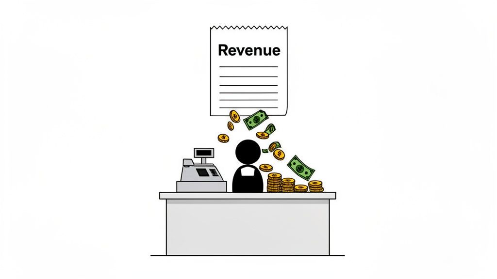 A stick figure at a counter with a cash register, receiving money from a 'Revenue' receipt.