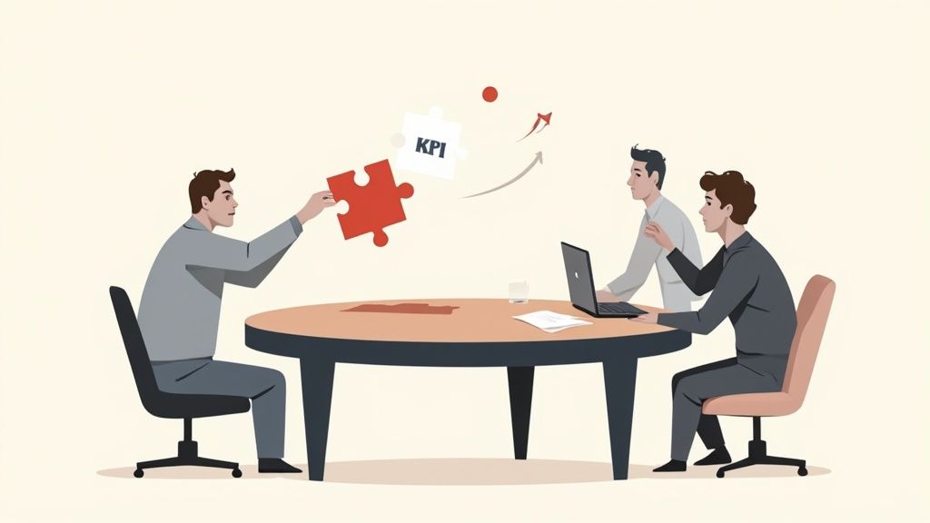Three businessmen collaborate, fitting puzzle pieces with KPI for business strategy and growth.