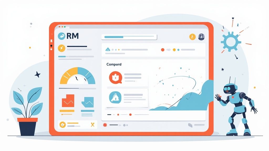 A modern dashboard application displaying data and charts, with a robot and plant, symbolizing automation and growth.