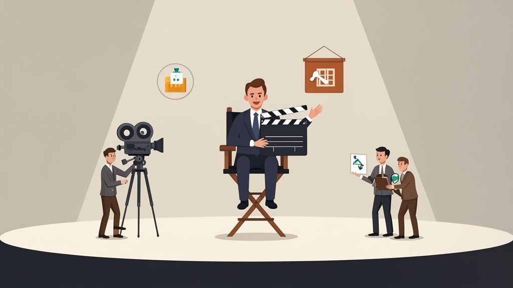 A director on a film set holding a clapperboard with crew members around, illustrating production.