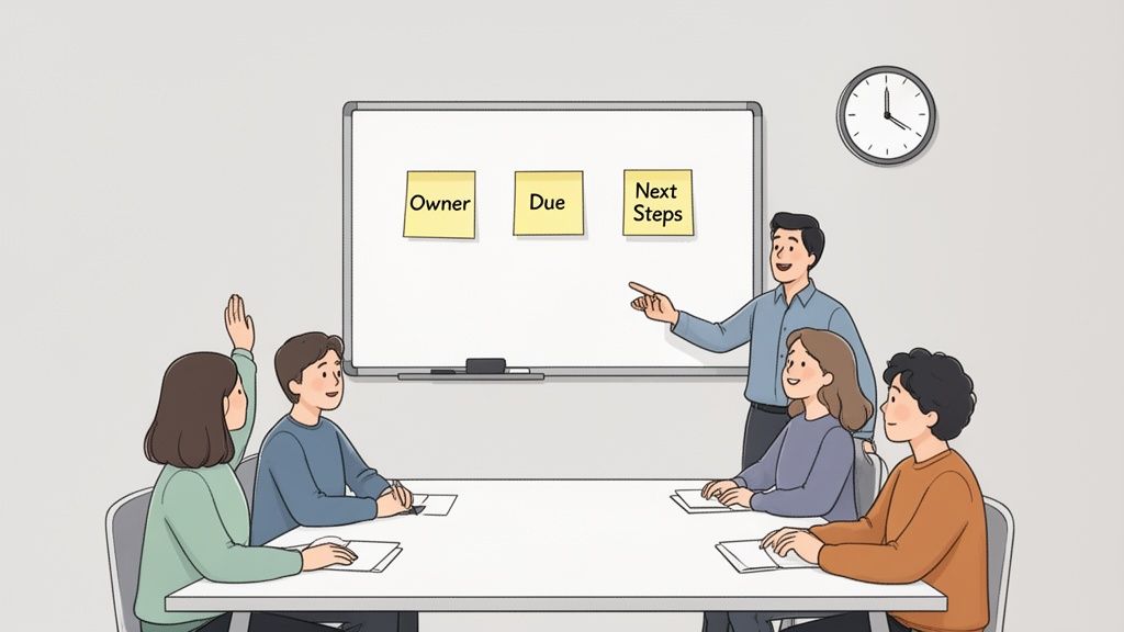 A business meeting with a presenter explaining a whiteboard with 'Owner', 'Due', 'Next Steps' sticky notes, and attendees.