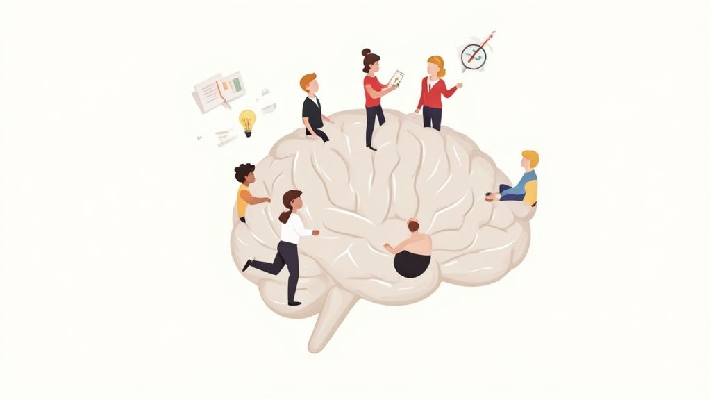 A diverse group of professionals in a modern office, collaborating around a large table, representing a company's strategic brain trust.