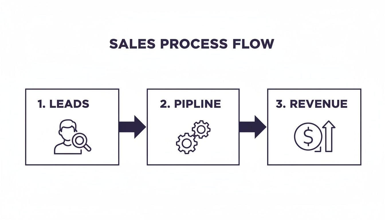 A sales process flow diagram showing three steps: Leads, Pipeline, and Revenue generation.