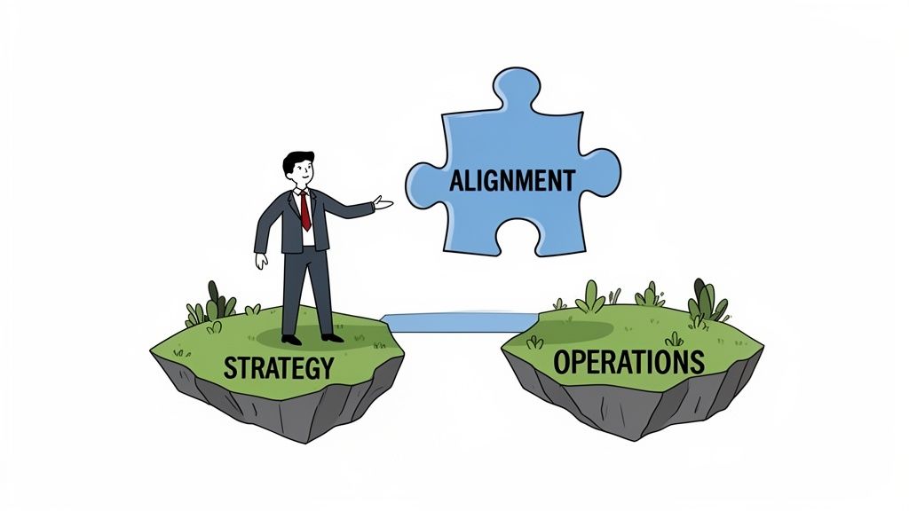 A cartoon businessman points at an 'ALIGNMENT' puzzle piece bridging 'STRATEGY' and 'OPERATIONS' islands.