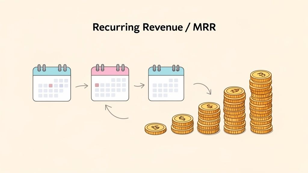 Calendars and growing coin stacks illustrate recurring revenue (MRR) generation over time.