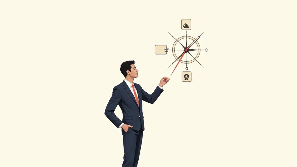 A businessman in a suit points to a compass with abstract symbols, representing strategic direction.