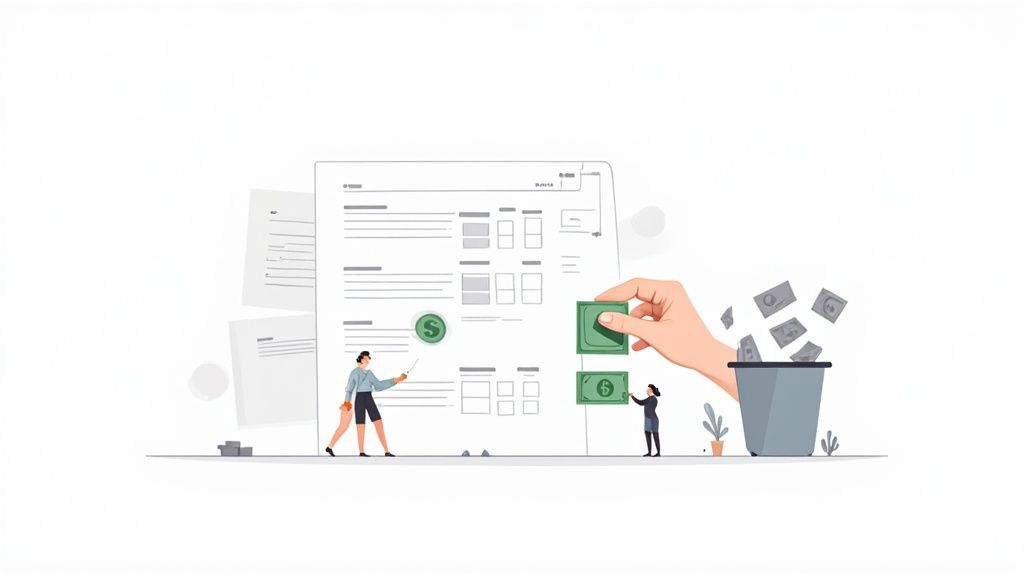 Illustration of people allocating money on a document, optimizing resources, and discarding waste.