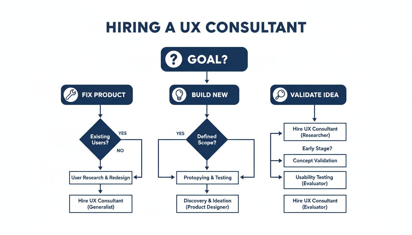 Flowchart detailing how to hire a UX consultant for product fixes, new builds, or idea validation.