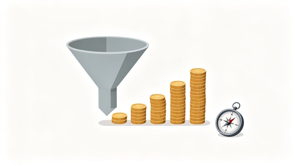 A grey funnel pouring into increasing stacks of gold coins, with a compass representing business strategy.