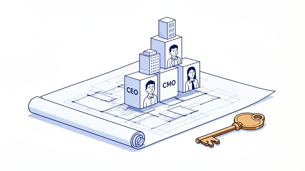 An architectural blueprint shows a pyramid of building blocks representing CEO, CMO, and employees, with a golden key.