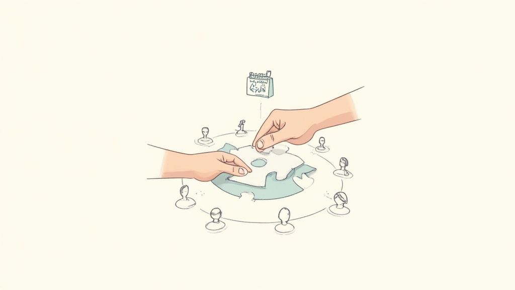 Two hands collaboratively assemble a puzzle piece, surrounded by a circle of people and a calendar icon.