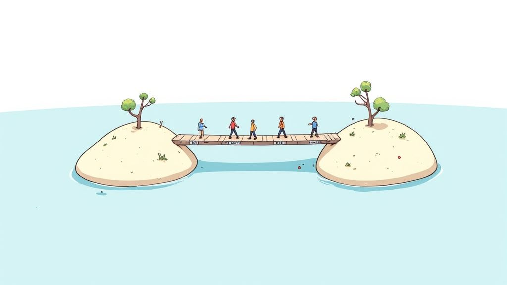 A person standing at a crossroads with signs pointing to 'Upskill', 'Hire', and 'Fractional Leadership', symbolizing strategic choices to bridge skill gaps.