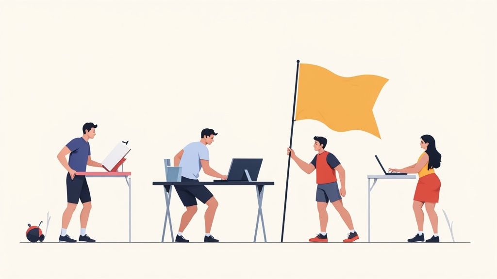 A diverse team of software developers collaborating and coding together in a modern office.