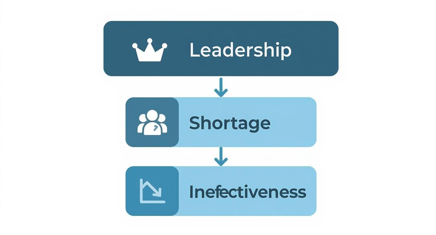 Leadership hierarchy flowchart showing progression from leadership through shortage to ineffectiveness with downward arrows