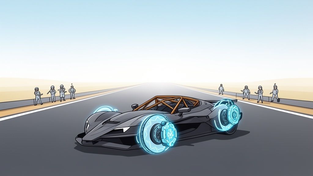 A sleek, futuristic black race car with glowing blue brakes on a desert track, observed by spectators.