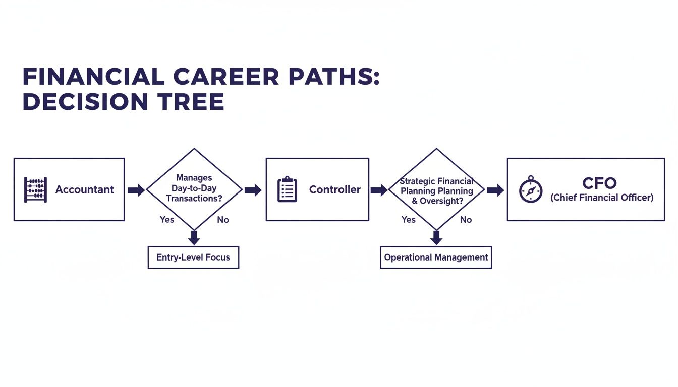 A financial career path decision tree shows progression from Accountant to Controller and CFO.
