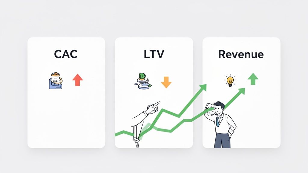 Illustration depicting increasing CAC, decreasing LTV, and rising revenue, with a business person observing growth.