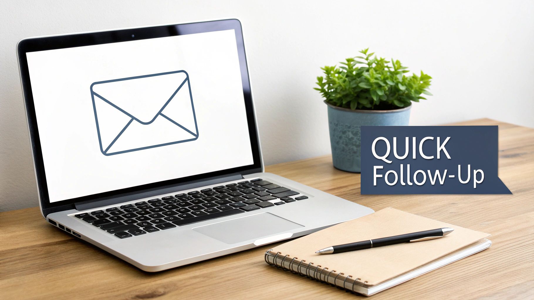A laptop displaying an email icon with a 'QUICK Follow-Up' message, a plant, and a notebook on a wooden desk.