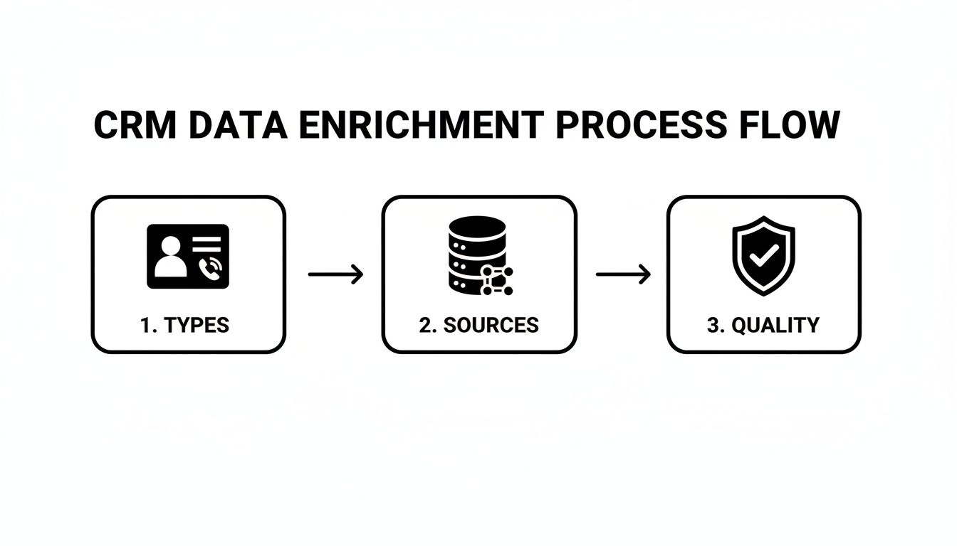 Diagram illustrating the CRM data enrichment process, covering data types, sources, and quality.