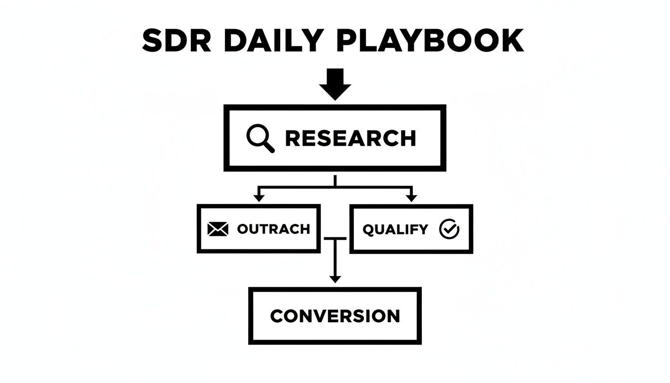 A flowchart titled 'SDR DAILY PLAYBOOK' illustrating the sales development representative's daily workflow steps.