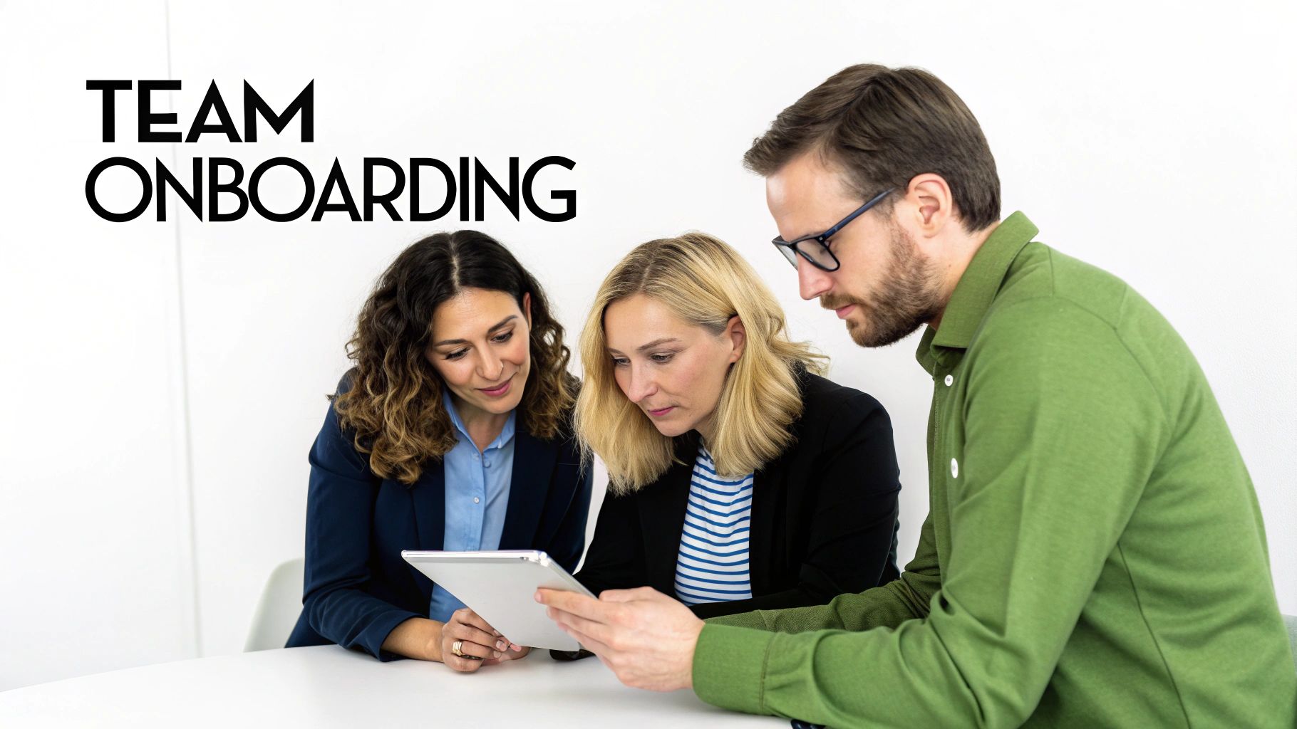Three colleagues collaborating on a digital tablet during a team onboarding session.