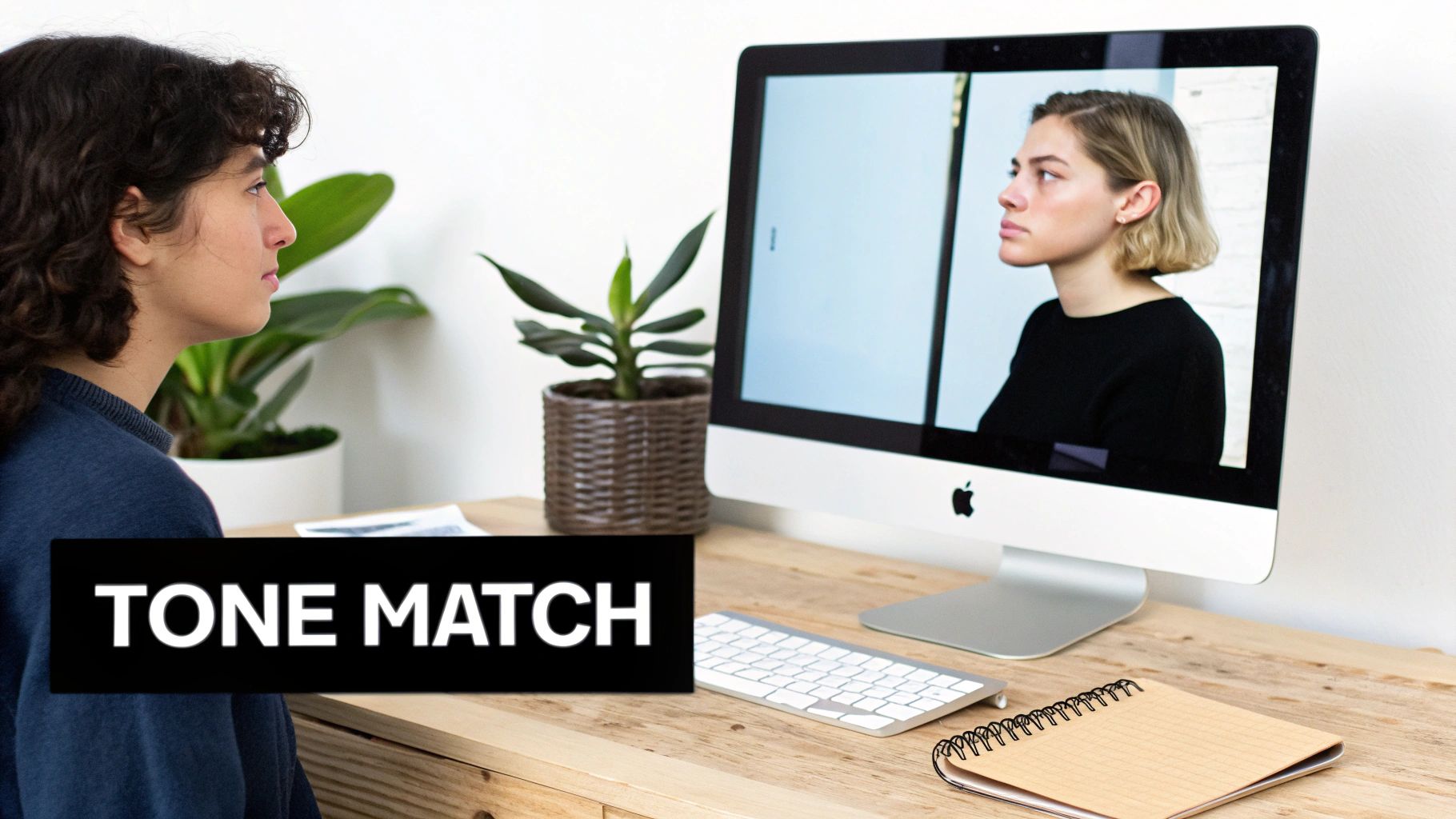 A person views a computer screen displaying another person's profile, with 'TONE MATCH' overlay.