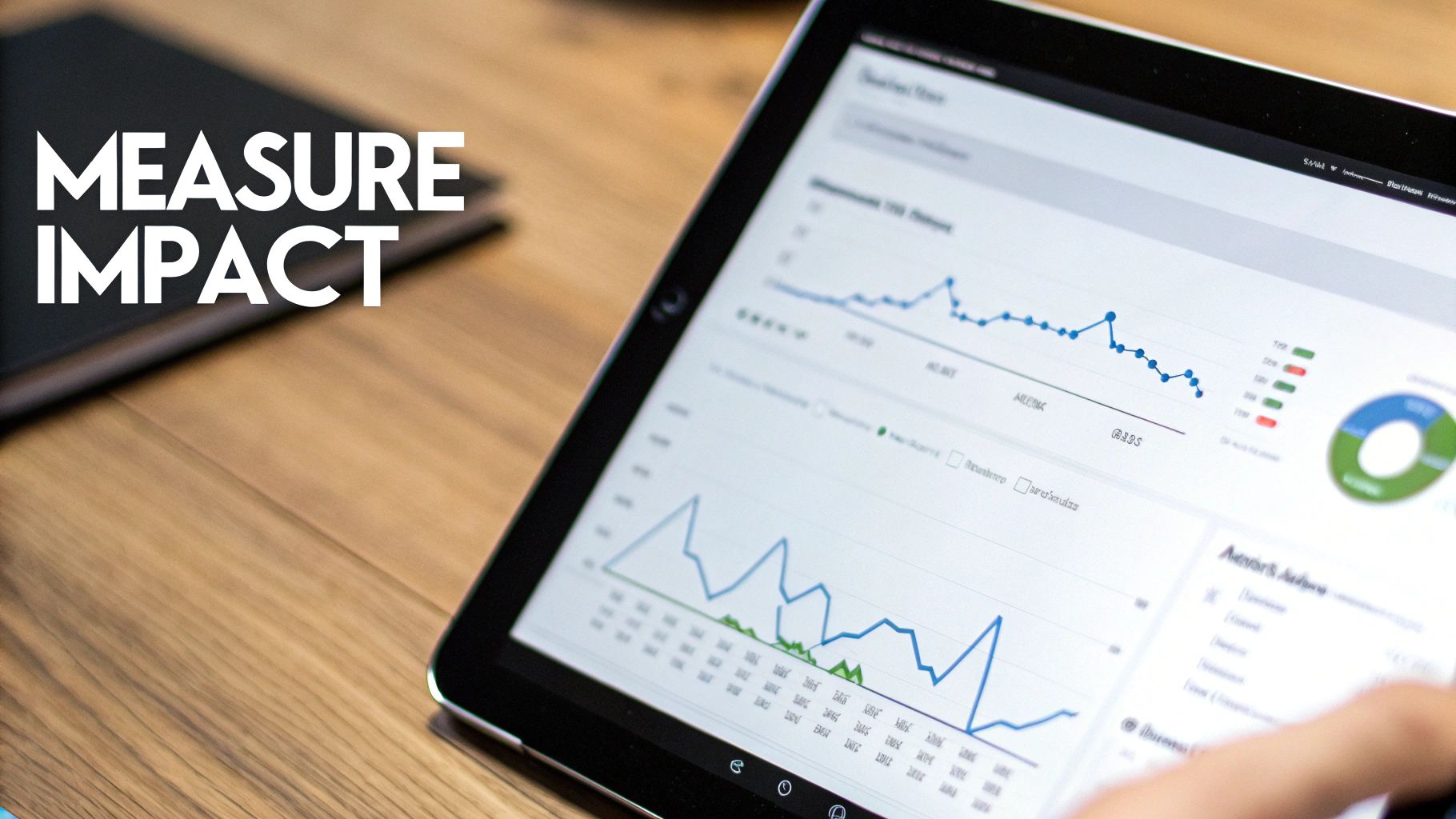 A tablet displays business analytics graphs and charts on a wooden desk with the text 'MEASURE IMPACT'.