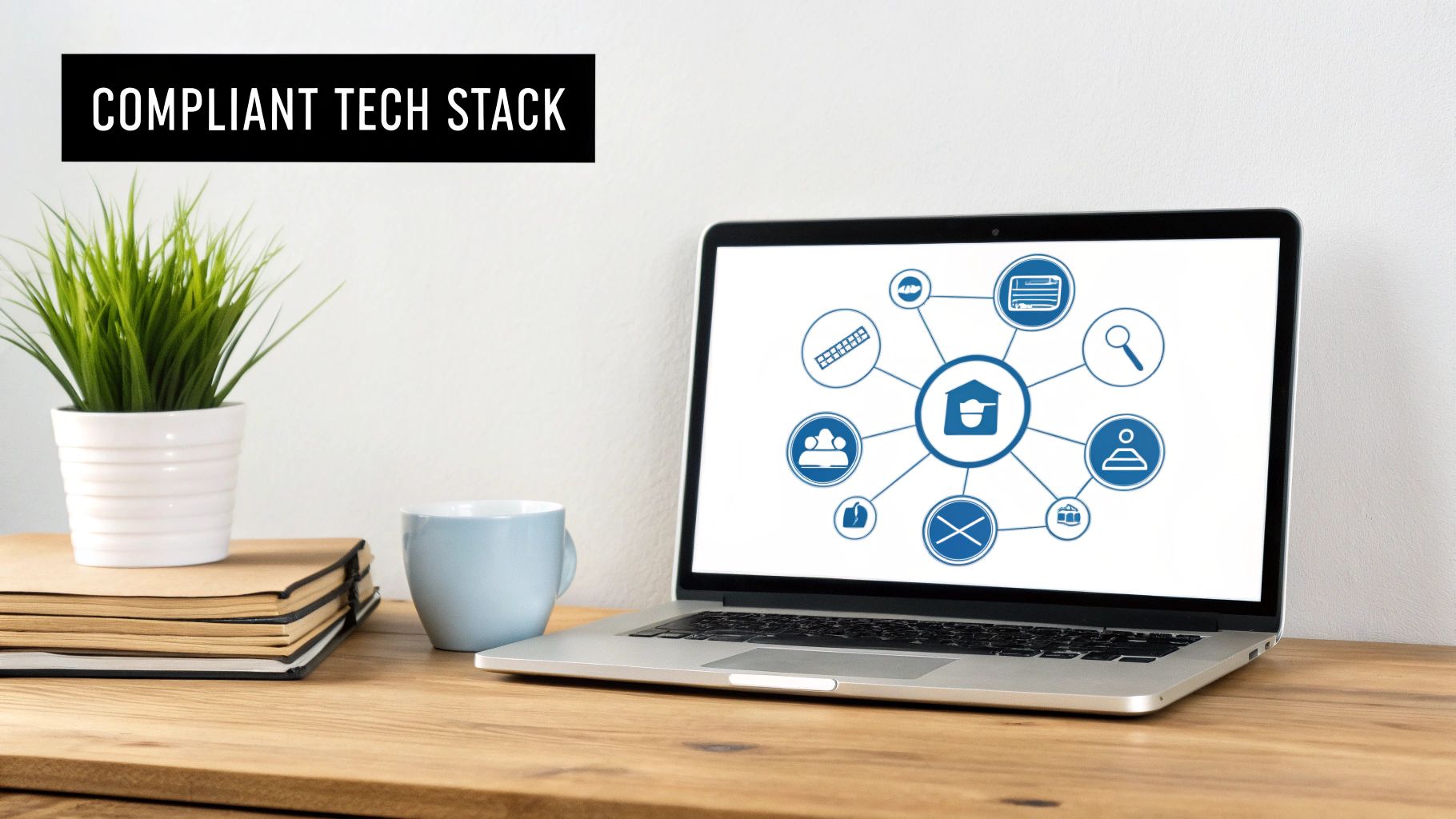 Laptop on a wooden desk showing a compliant tech stack diagram with surrounding icons.
